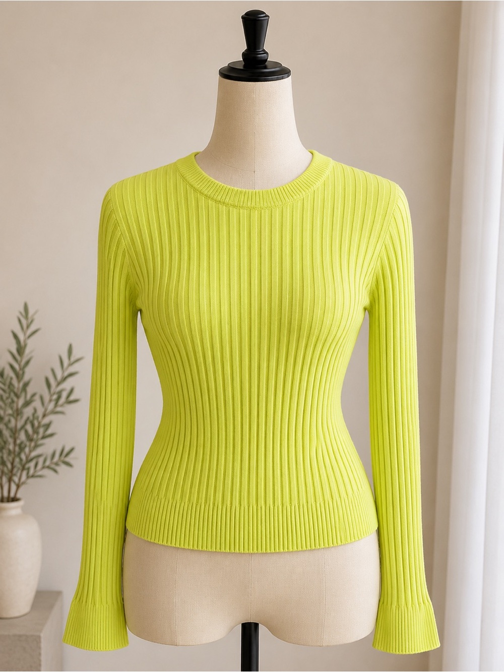 Lumiere Neon Lime Ribbed Crewneck Sweater